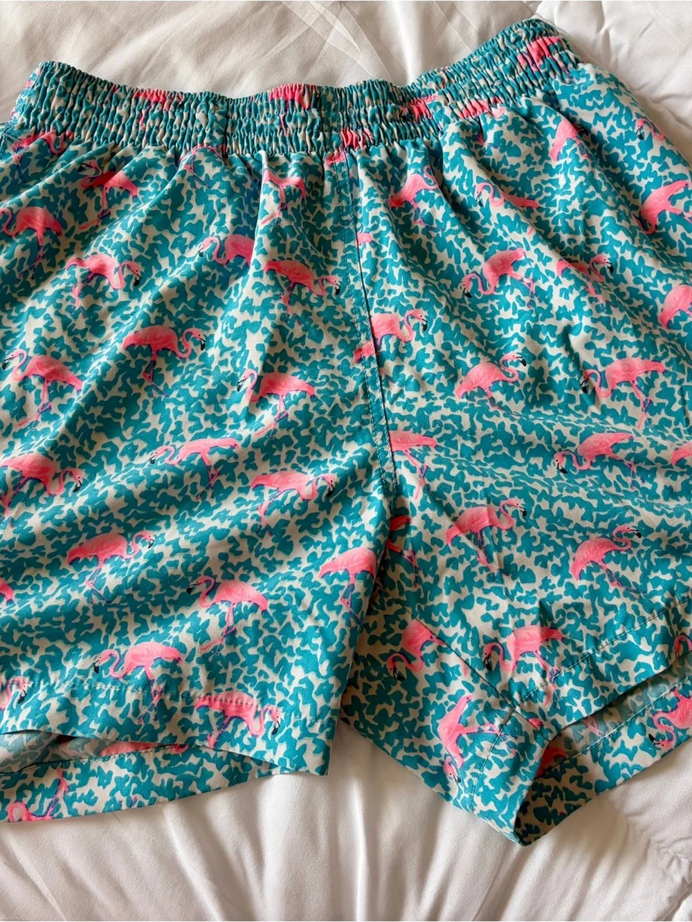 chubbies Teal and Pink Flamingo Swim Trunks